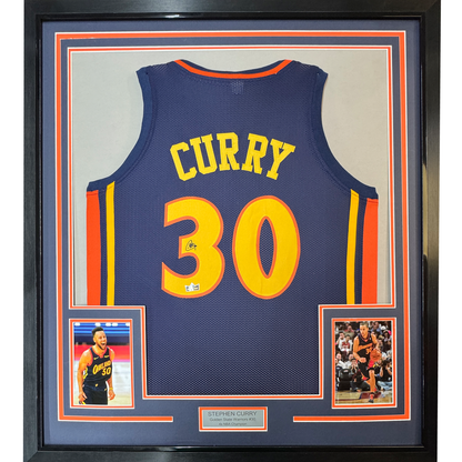 Framed Facsimile Autographed Stephen Steph Curry 35x39 Golden State Navy Blue Retro Rookie Reprint Laser Auto Basketball Jersey