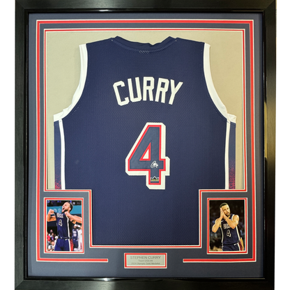 Framed Facsimile Autographed Stephen Steph Curry 35x39 2024 United States Team USA Blue Reprint Laser Auto Basketball Jersey