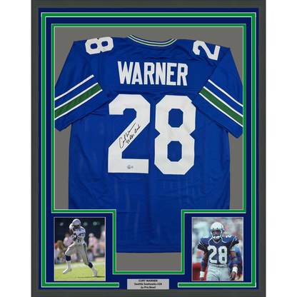 Framed Autographed/Signed Curt Warner 35x39 "3x Pro Bowl" Seattle Blue Retro Football Jersey Beckett BAS COA