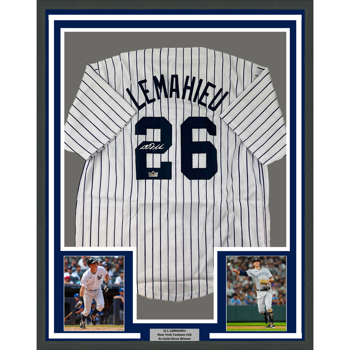 Framed Facsimile Autographed D.J. DJ LeMahieu 35x39 New York Pinstripe Reprint Laser Auto Baseball Jersey