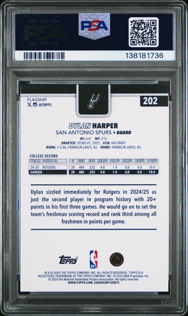 Graded 2025 Topps Dylan Harper #202 Rookie RC Basketball Card PSA 10 Gem Mint