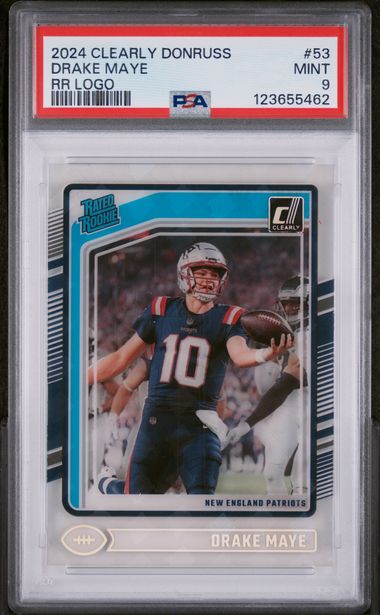 Graded 2024 Panini Clearly Donruss Drake Maye #53 RR Logo Rookie RC Football Card PSA 9 Mint