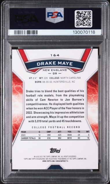 Graded 2024 Topps Resurgence Drake Maye #164 /275 Navy Surge Rookie RC Football Card PSA 10 Gem Mint