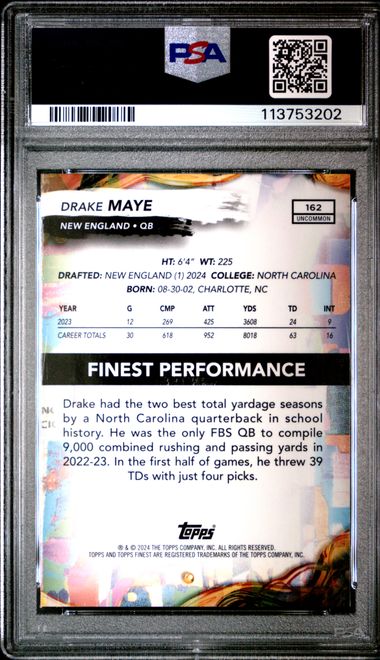 Graded 2024 Topps Finest Drake Maye #162 /75 Blue Checkerboard Rookie RC Football Card PSA 10 Gem Mint