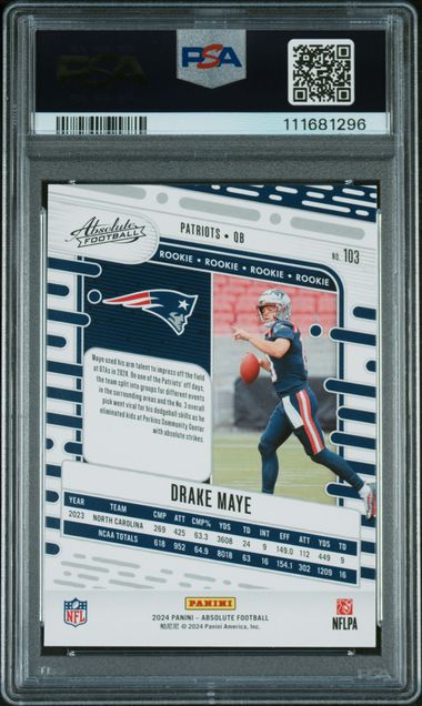 Graded 2024 Panini Absolute Drake Maye #103 Green Foil Rookie RC Football Card PSA 10 Gem Mint