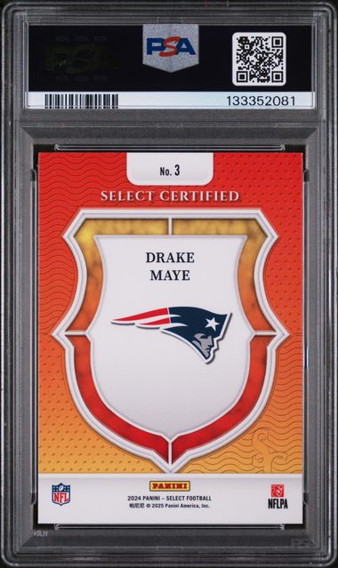 Graded 2024 Select Select Certified Rookie Drake Maye #3 Rookie RC Football Card PSA 9 Mint
