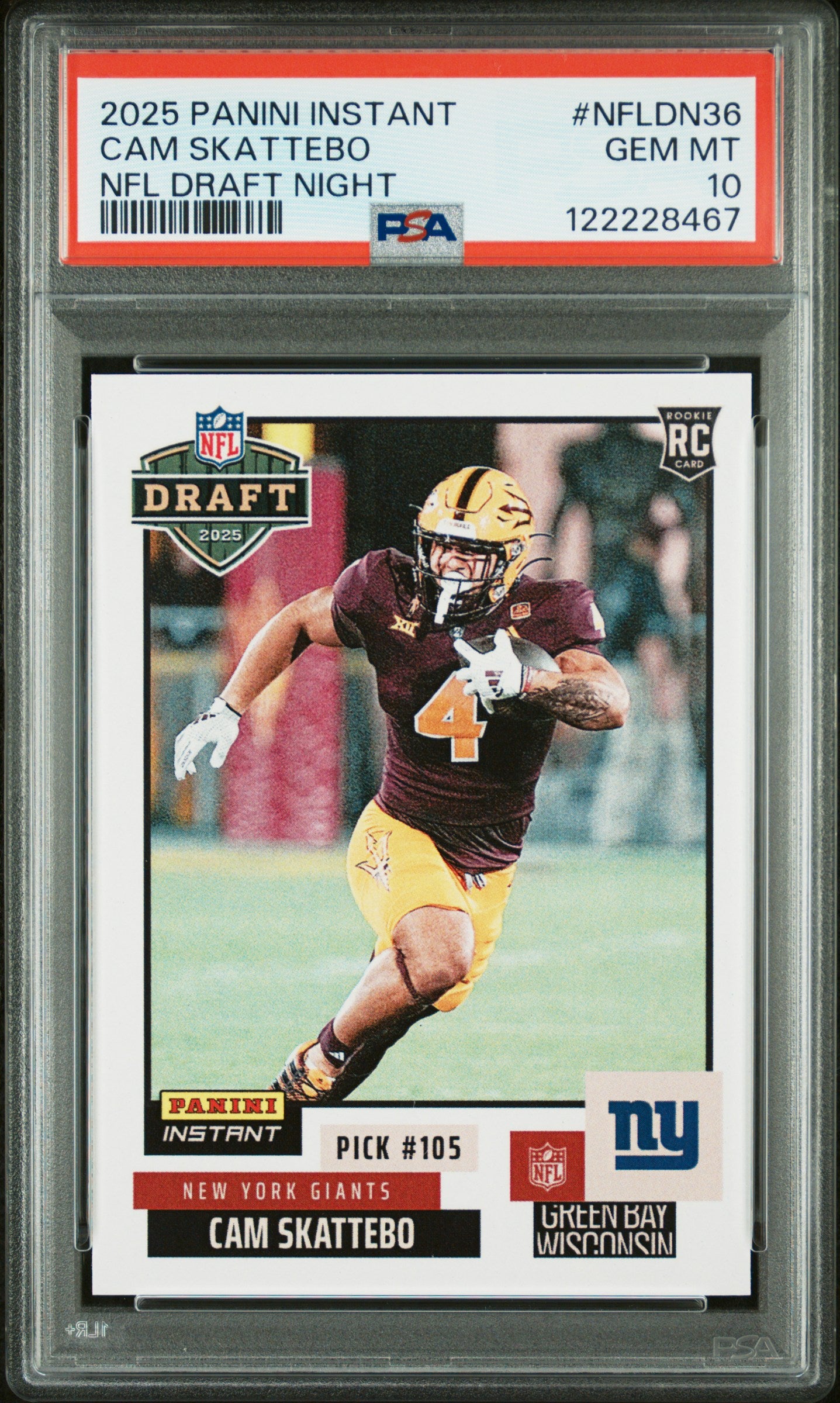 Graded 2025 Panini Instant Cam Skattebo #NFLDN36 NFL Draft Night Rookie RC Football Card PSA 10 Gem Mint