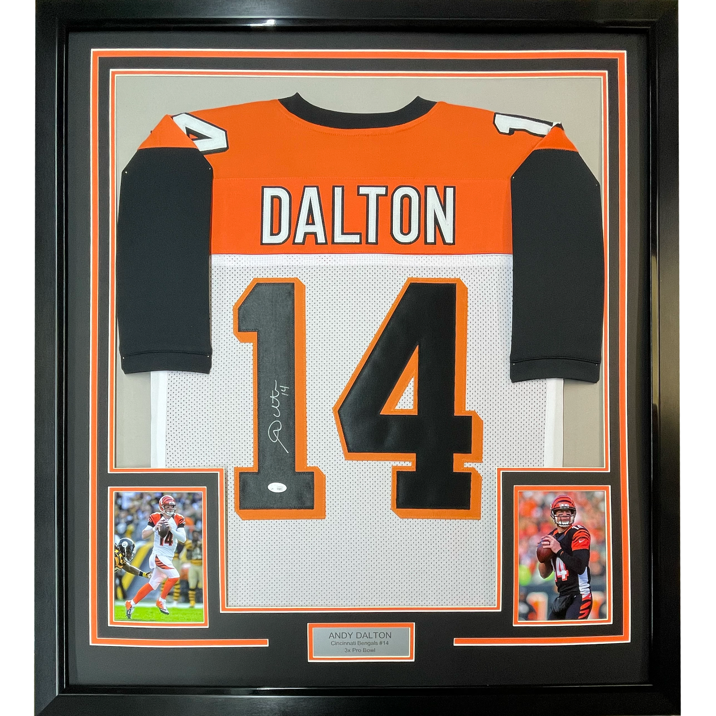 Framed Autographed/Signed Andy Dalton 35x39 Cincinnati White Football Jersey JSA COA