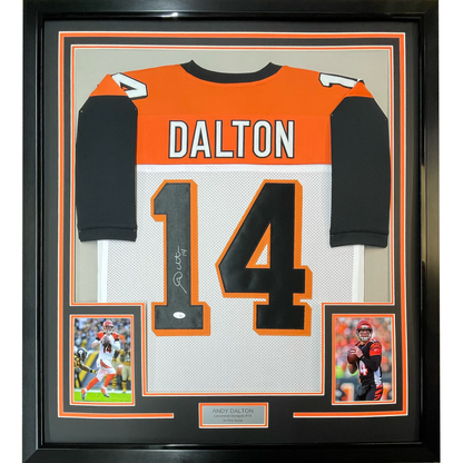 Framed Autographed/Signed Andy Dalton 35x39 Cincinnati White Football Jersey JSA COA