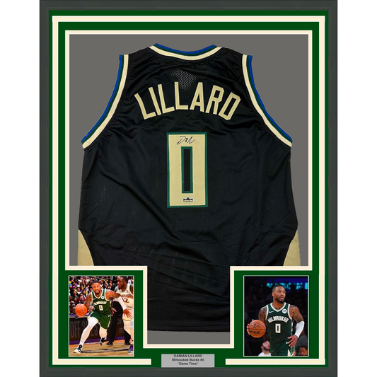 Framed Facsimile Autographed Damian Lillard 35x39 Milwaukee Black Reprint Laser Auto Basketball Jersey