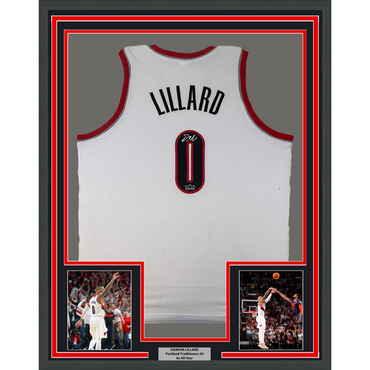 Framed Facsimile Autographed Damian Lillard 35x39 Portland White Reprint Laser Auto Basketball Jersey