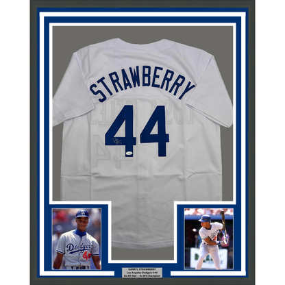 Framed Autographed/Signed Darryl Strawberry 35x39 Los Angeles LA White Baseball Jersey JSA COA