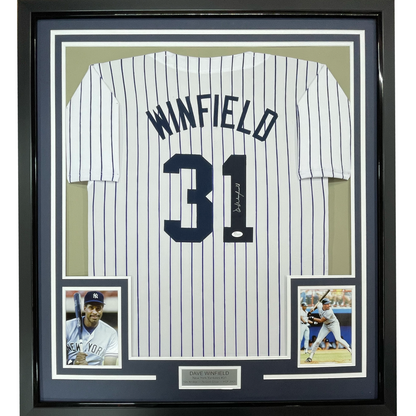 Framed Autographed/Signed Dave Winfield 35x39 New York Pinstripe Baseball Jersey JSA COA