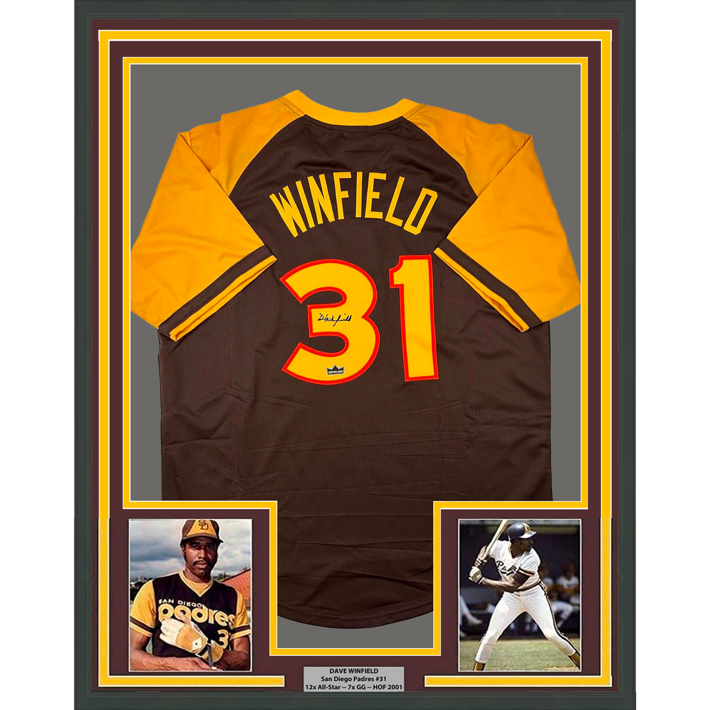 Framed Facsimile Autographed Dave Winfield 35x39 San Diego Brown Reprint Laser Auto Baseball Jersey