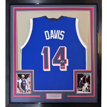 Framed Facsimile Autographed Anthony Davis 35x39 2024 United States Team USA Blue Reprint Laser Auto Basketball Jersey