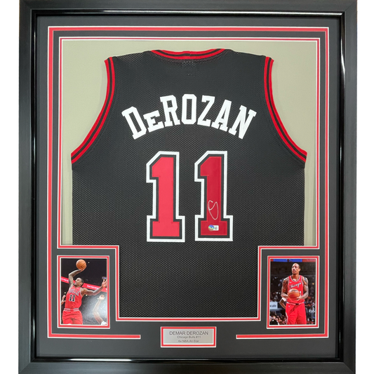 Framed Autographed/Signed DeMar DeRozan 35x39 Chicago Black Basketball Jersey Beckett BAS COA