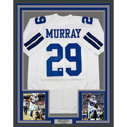 Framed Autographed/Signed DeMarco Murray 35x39 Dallas White Football Jersey JSA COA