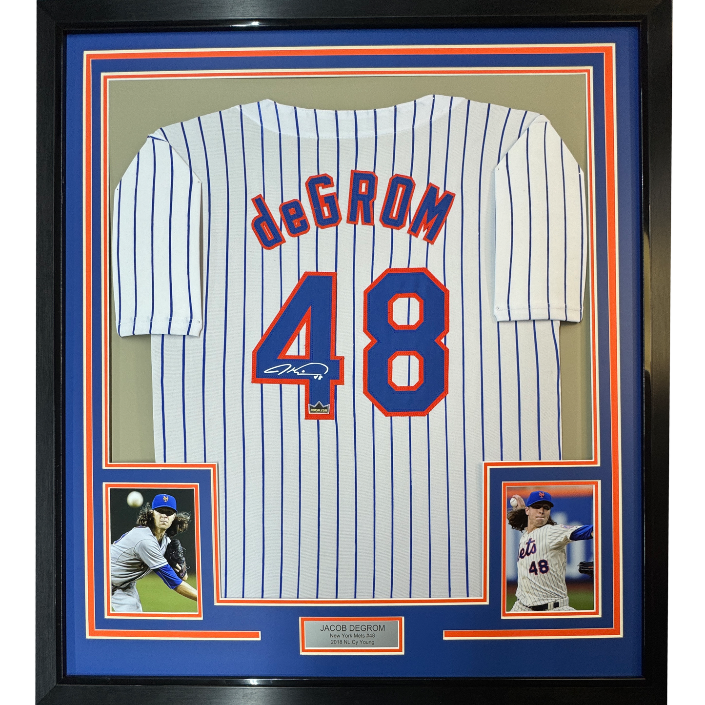Framed Facsimile Autographed Jacob DeGrom 35x39 New York Pinstripe Reprint Laser Auto Baseball Jersey