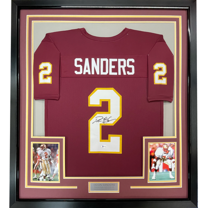 Framed Autographed/Signed Deion Sanders 35x39 Florida State Maroon College Football Jersey JSA COA