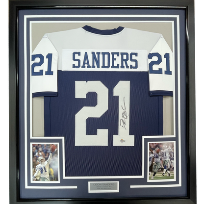 Framed Autographed/Signed Deion Sanders 35x39 Dallas Thanksgiving Day Football Jersey Beckett BAS COA