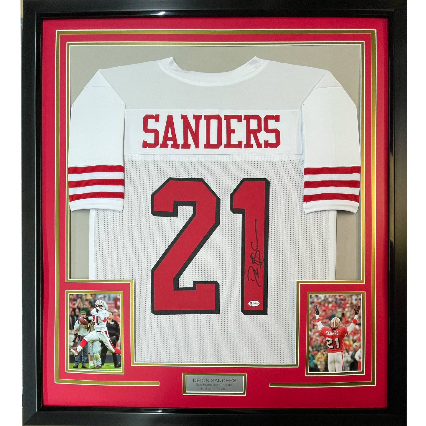 Framed Autographed/Signed Deion Sanders 35x39 San Francisco White Alternate Football Jersey Beckett BAS COA