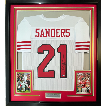 Framed Autographed/Signed Deion Sanders 35x39 San Francisco White Alternate Football Jersey Beckett BAS COA