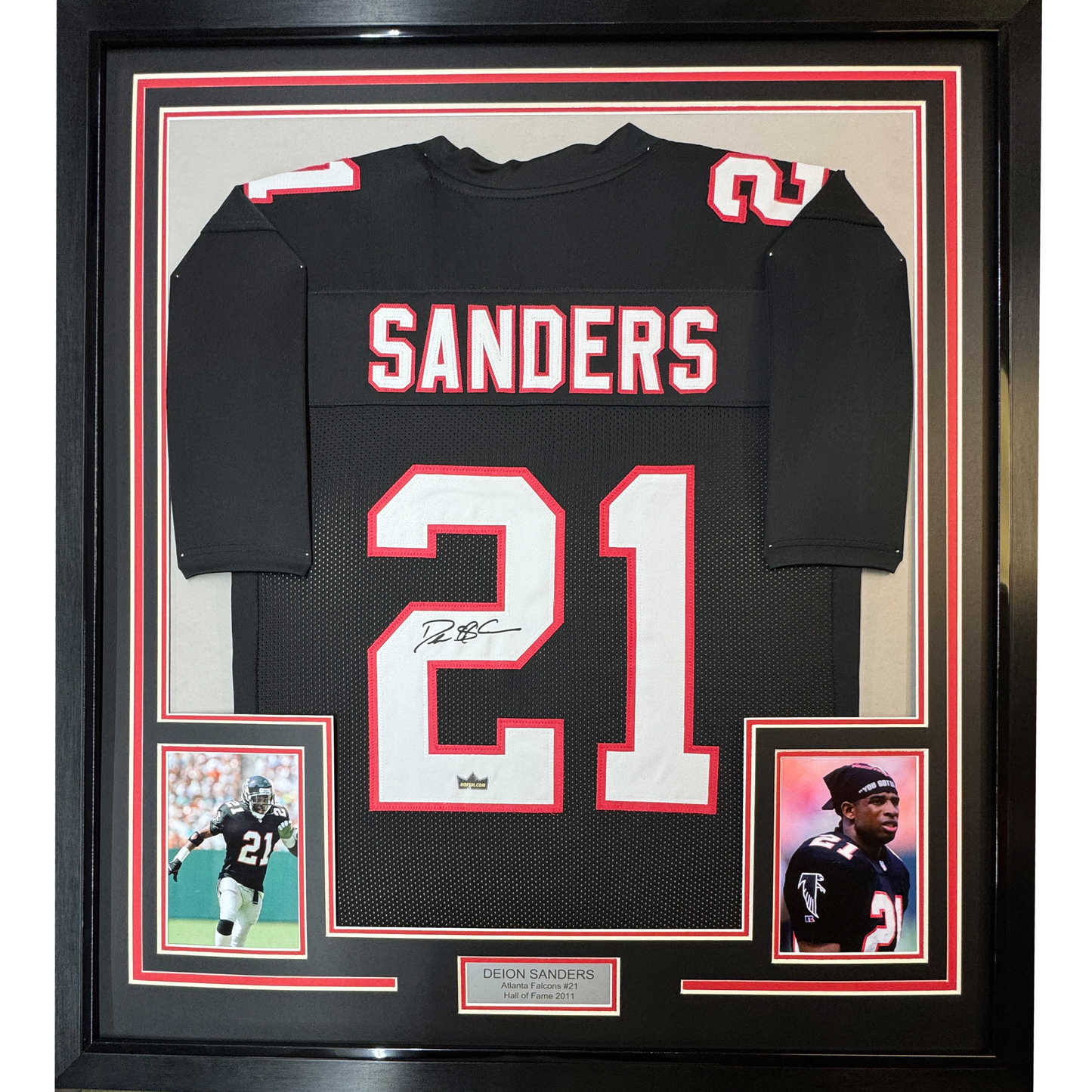Framed Facsimile Autographed Deion Sanders 35x39 Atlanta Black Reprint Laser Auto Football Jersey