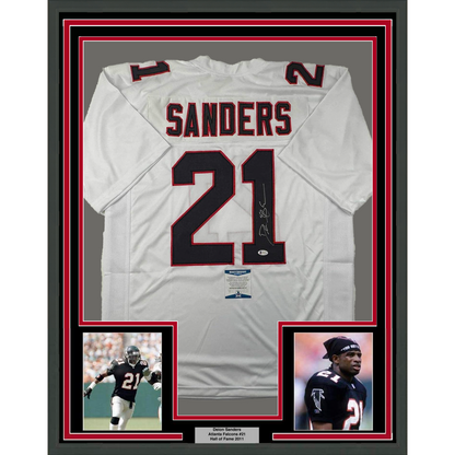Framed Autographed/Signed Deion Sanders 35x39 Atlanta White Football Jersey Beckett BAS COA