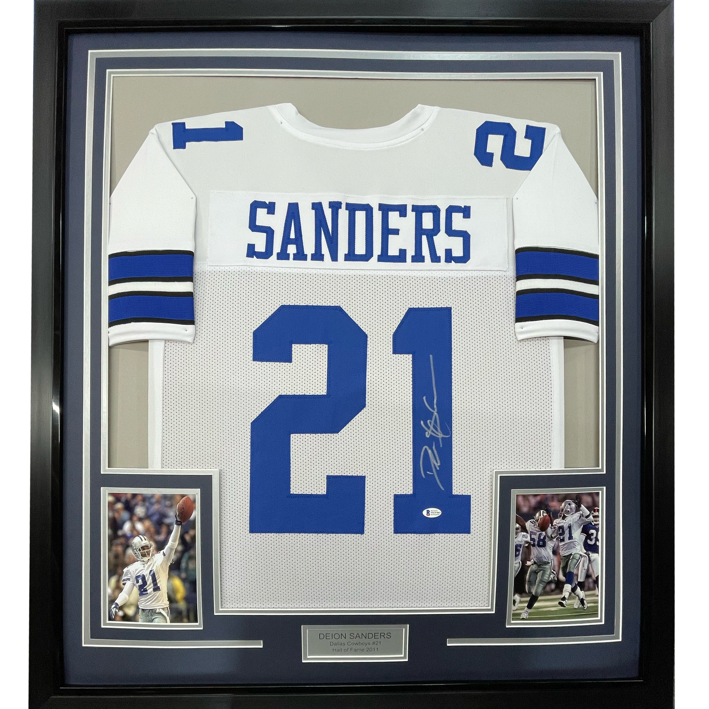 Framed Autographed/Signed Deion Sanders 35x39 Dallas White Football Jersey Beckett BAS COA
