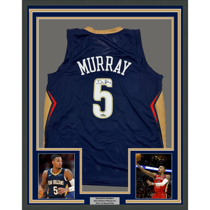 Framed Facsimile Autographed Dejounte Murray 35x39 New Orleans Blue Reprint Laser Auto Basketball Jersey