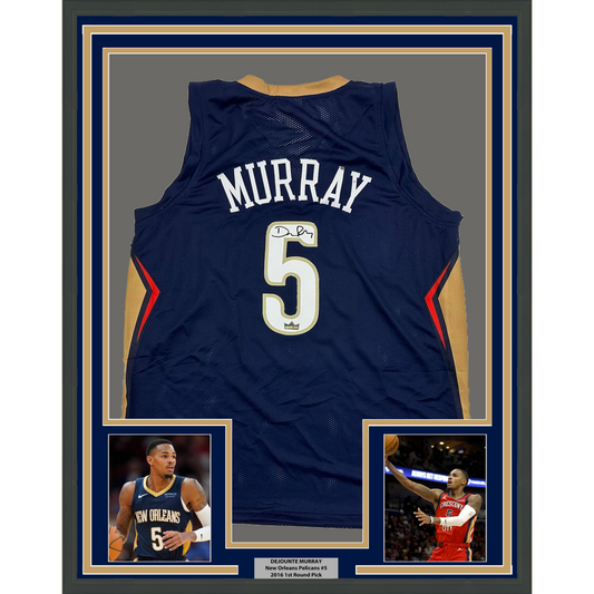 Framed Facsimile Autographed Dejounte Murray 35x39 New Orleans Blue Reprint Laser Auto Basketball Jersey