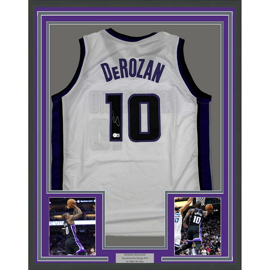 FramedAutographed/Signed DeMar DeRozan 35x39 Sacramento White Basketball Jersey Beckett BAS COA