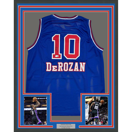 Framed Autographed/Signed DeMar DeRozan 35x39 Sacramento Blue Kansas City Retro Basketball Jersey Beckett BAS COA