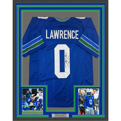 Framed Autographed/Signed DeMarcus Lawrence 35x39 Seattle Blue Retro Football Jersey Beckett BAS COA