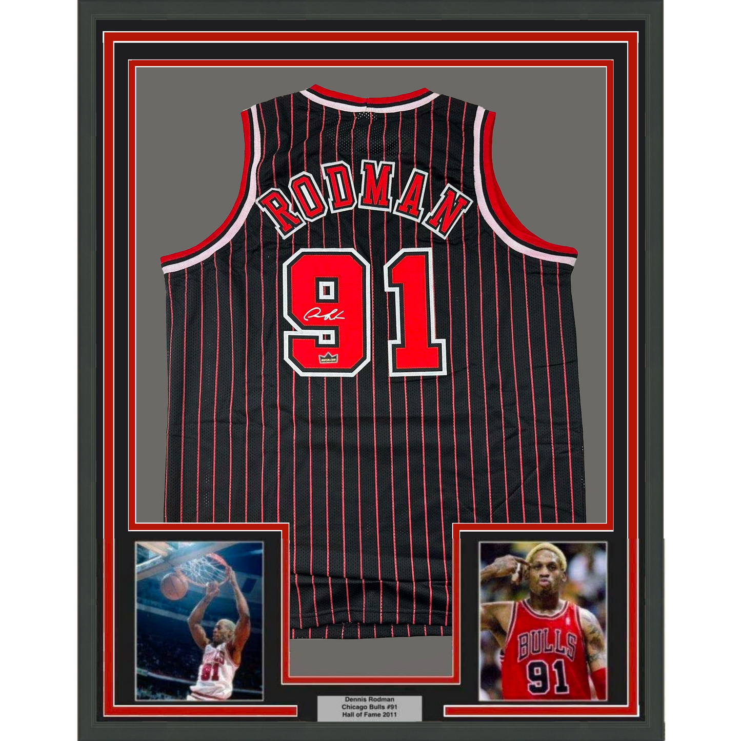 Framed Facsimile Autographed Dennis Rodman 35x39 Chicago Black Pinstripe Reprint Laser Auto Basketball Jersey