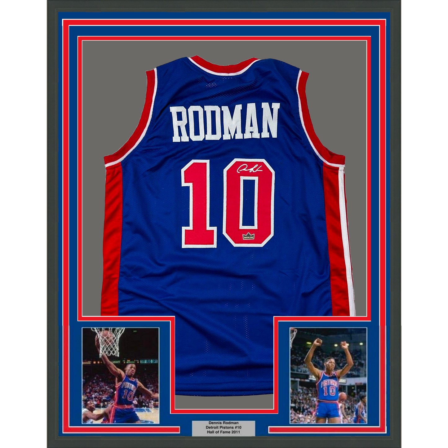 Framed Facsimile Autographed Dennis Rodman 35x39 Detroit Blue Reprint Laser Auto Basketball Jersey