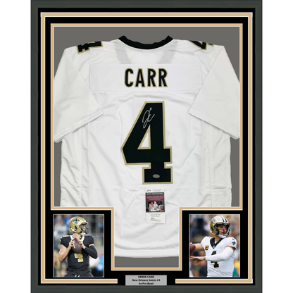 Framed Autographed/Signed Derek Carr 35x39 New Orleans White Football Jersey JSA COA