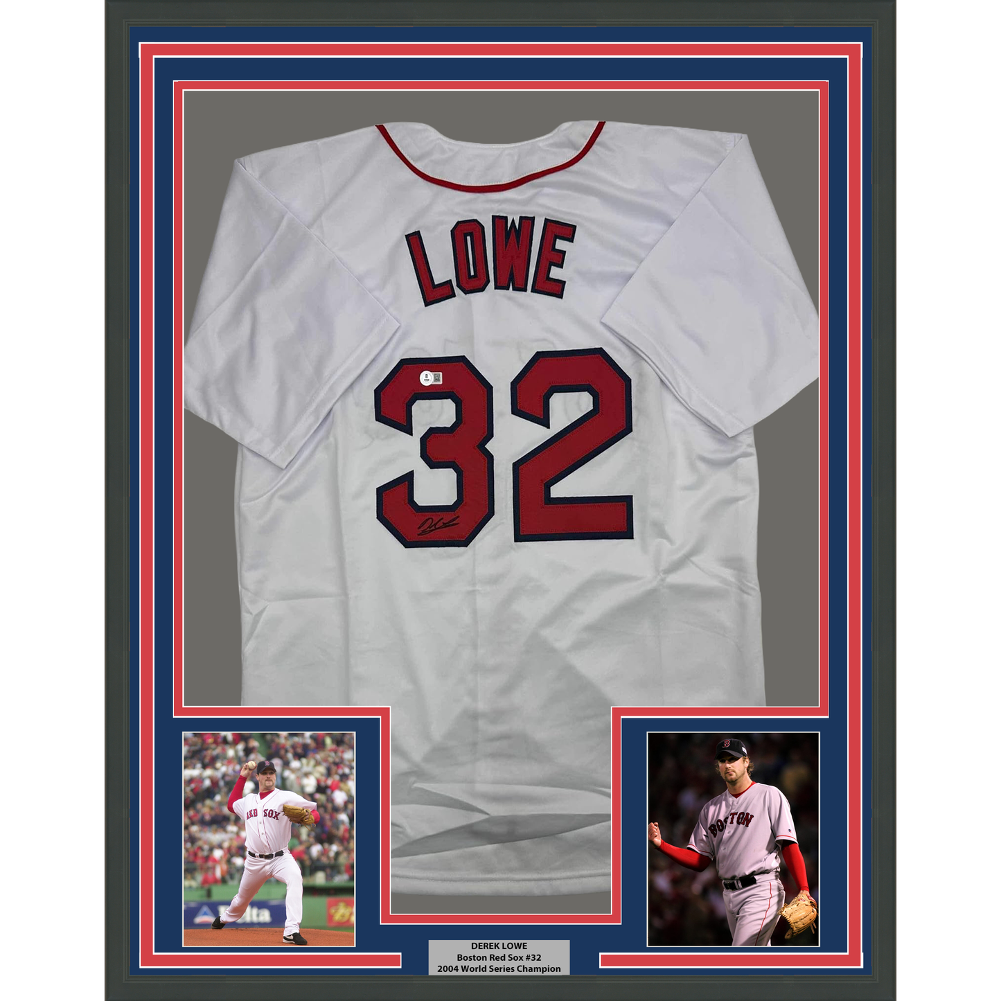 Framed Autographed/Signed Derek Lowe 35x39 Boston White Baseball Jersey Beckett BAS COA
