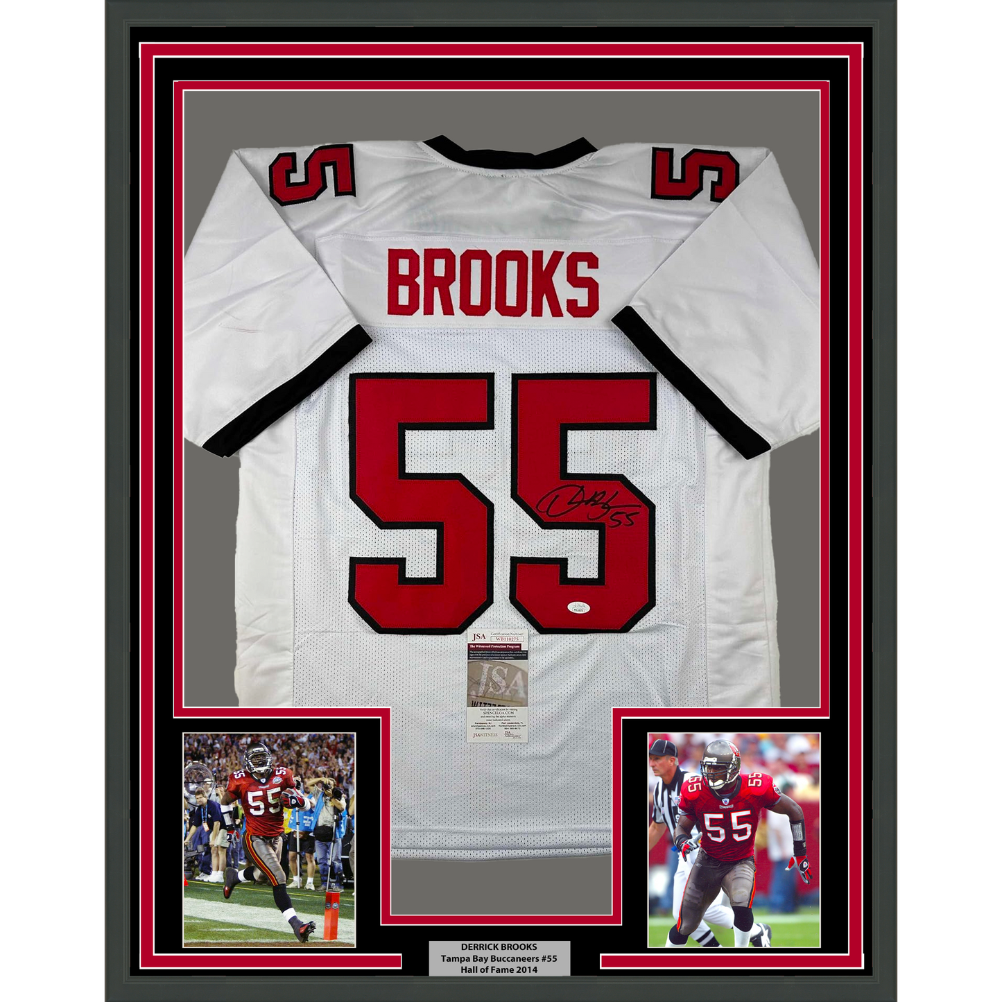 Framed Autographed/Signed Derrick Brooks 35x39 Tampa Bay White Football Jersey JSA COA