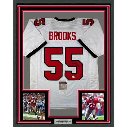 Framed Autographed/Signed Derrick Brooks 35x39 Tampa Bay White Football Jersey JSA COA