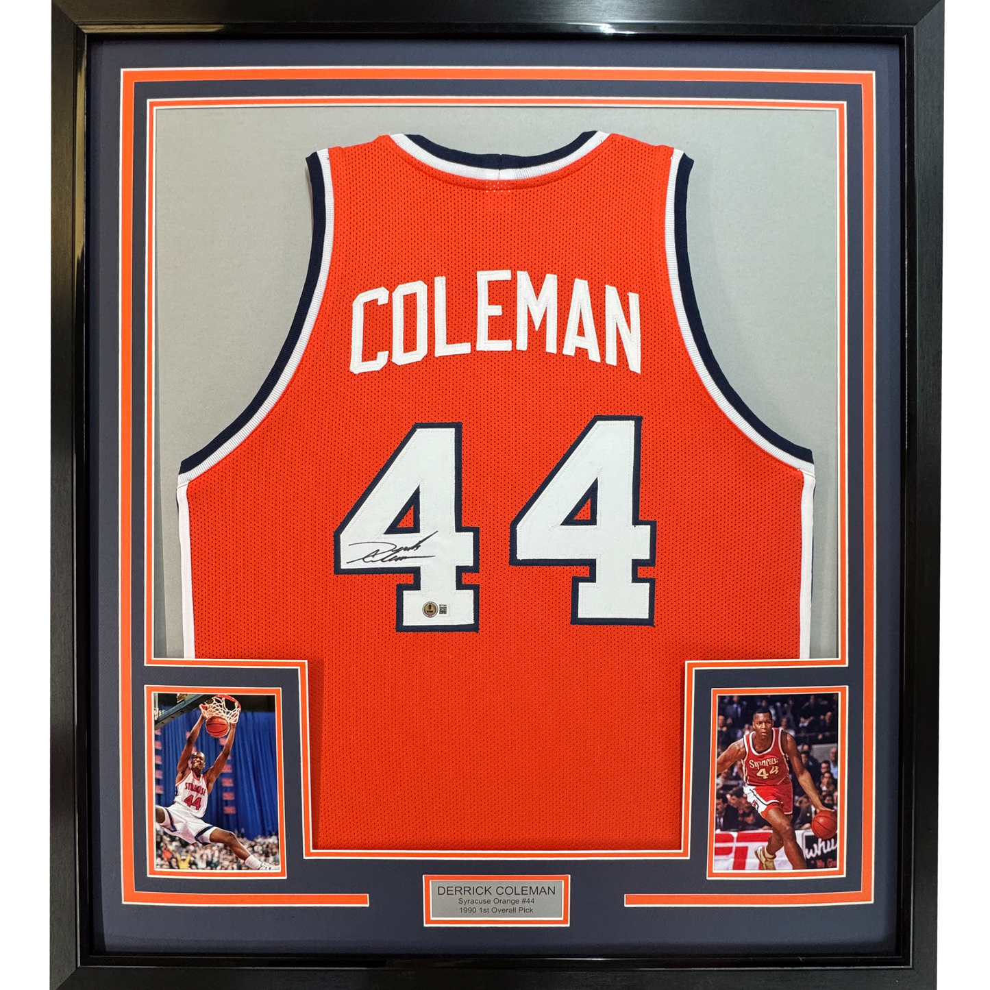 Framed Autographed/Signed Derrick Coleman 35x39 Syracuse Orange College Basketball Jersey Beckett BAS COA
