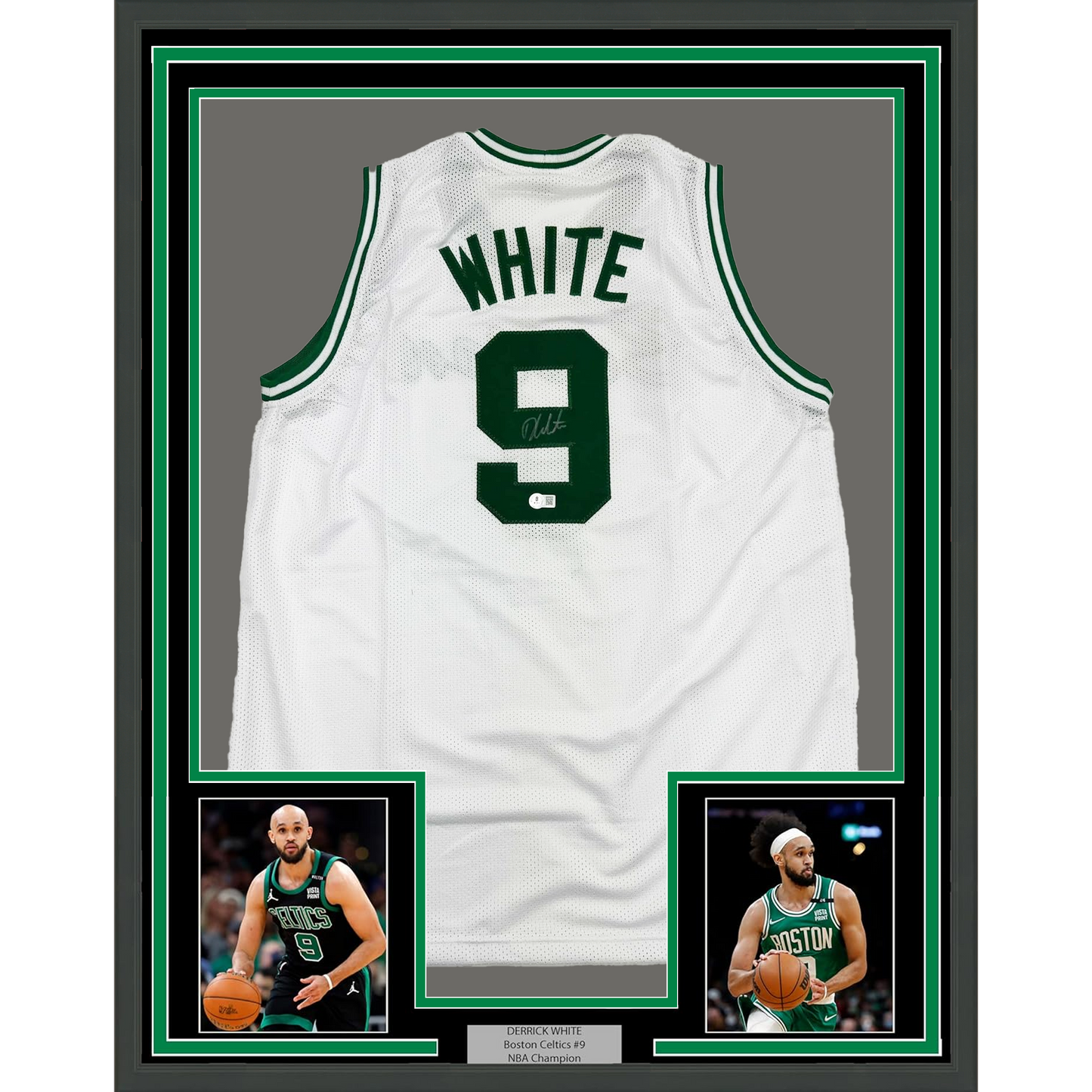 Framed Autographed/Signed Derrick White 35x39 Boston White Basketball Jersey Beckett BAS COA