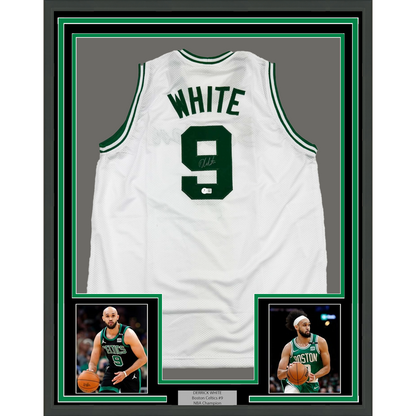 Framed Autographed/Signed Derrick White 35x39 Boston White Basketball Jersey Beckett BAS COA