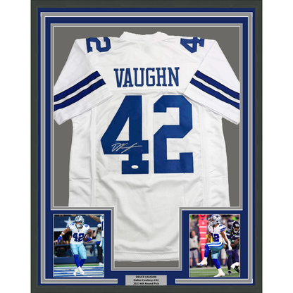 Framed Autographed/Signed Deuce Vaughn 35x39 Dallas White Football Jersey JSA COA
