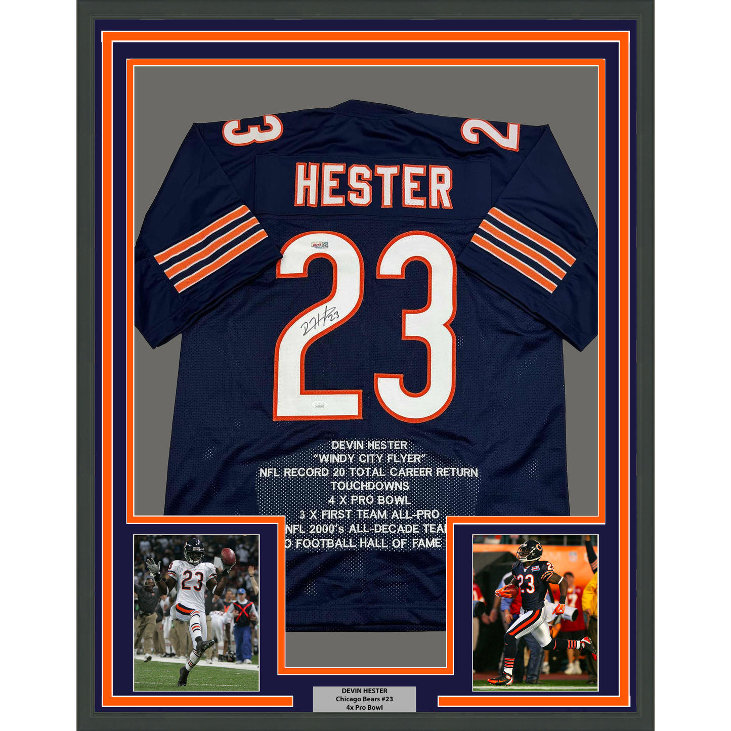 Framed Autographed/Signed Devin Hester 35x39 Chicago Blue Stat Football Jersey JSA COA