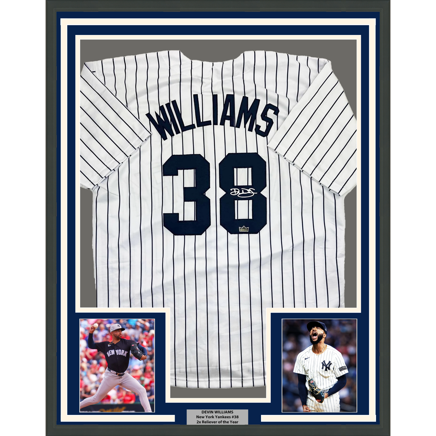 Framed Facsimile Autographed Devin Williams 35x39 New York Pinstripe Reprint Laser Auto Baseball Jersey