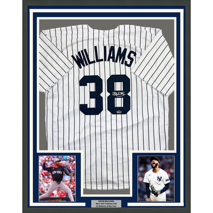 Framed Facsimile Autographed Devin Williams 35x39 New York Pinstripe Reprint Laser Auto Baseball Jersey