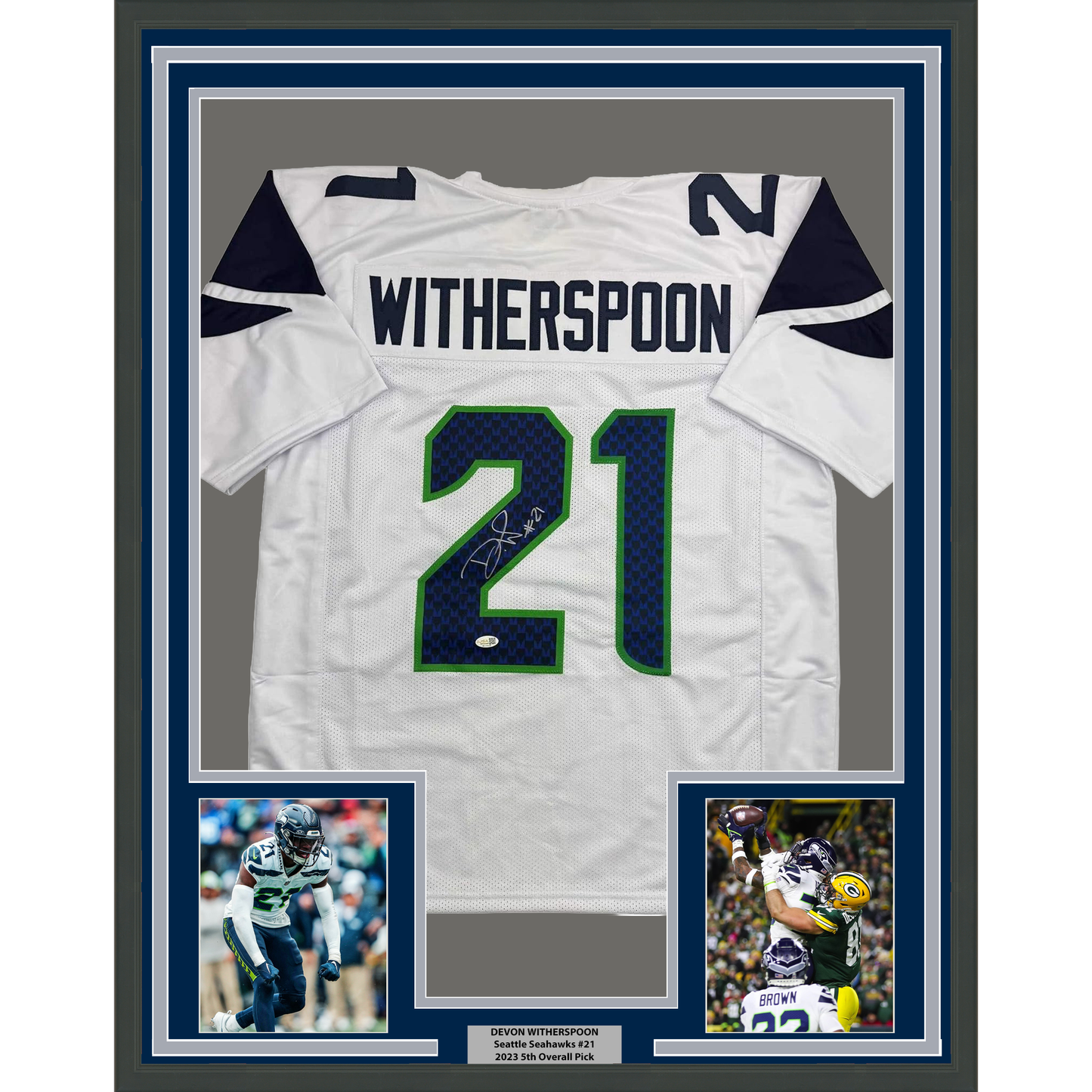 Framed Autographed/Signed Devon Witherspoon 35x39 Seattle White Football Jersey JSA COA
