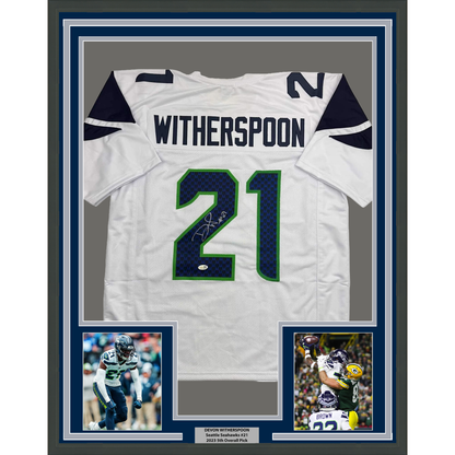 Framed Autographed/Signed Devon Witherspoon 35x39 Seattle White Football Jersey JSA COA