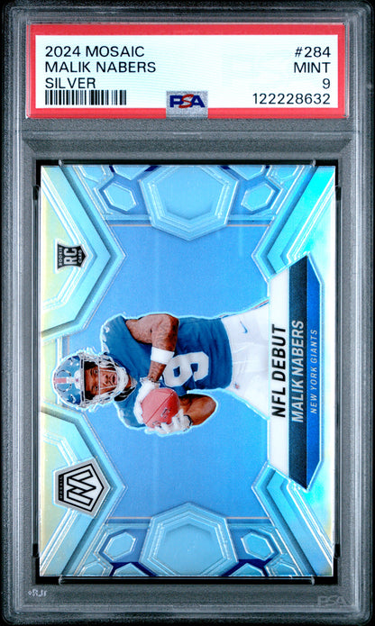 Graded 2024 Panini Mosaic Malik Nabers #284 Silver Rookie RC Football Card PSA 9 Mint